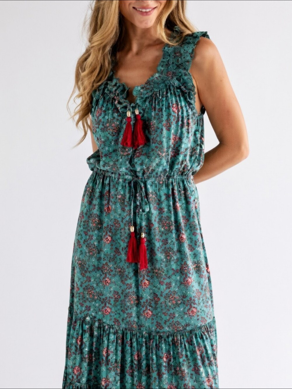 Natural Life Floral Boho Teal Maroon Shell Tassel Dress, S